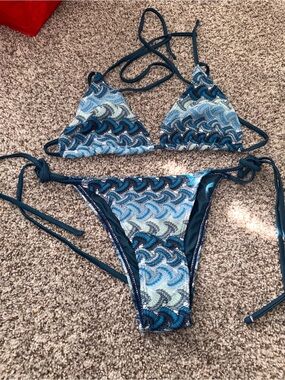 Women’s Blue Wave-Print Tie Bikini Set crotchet